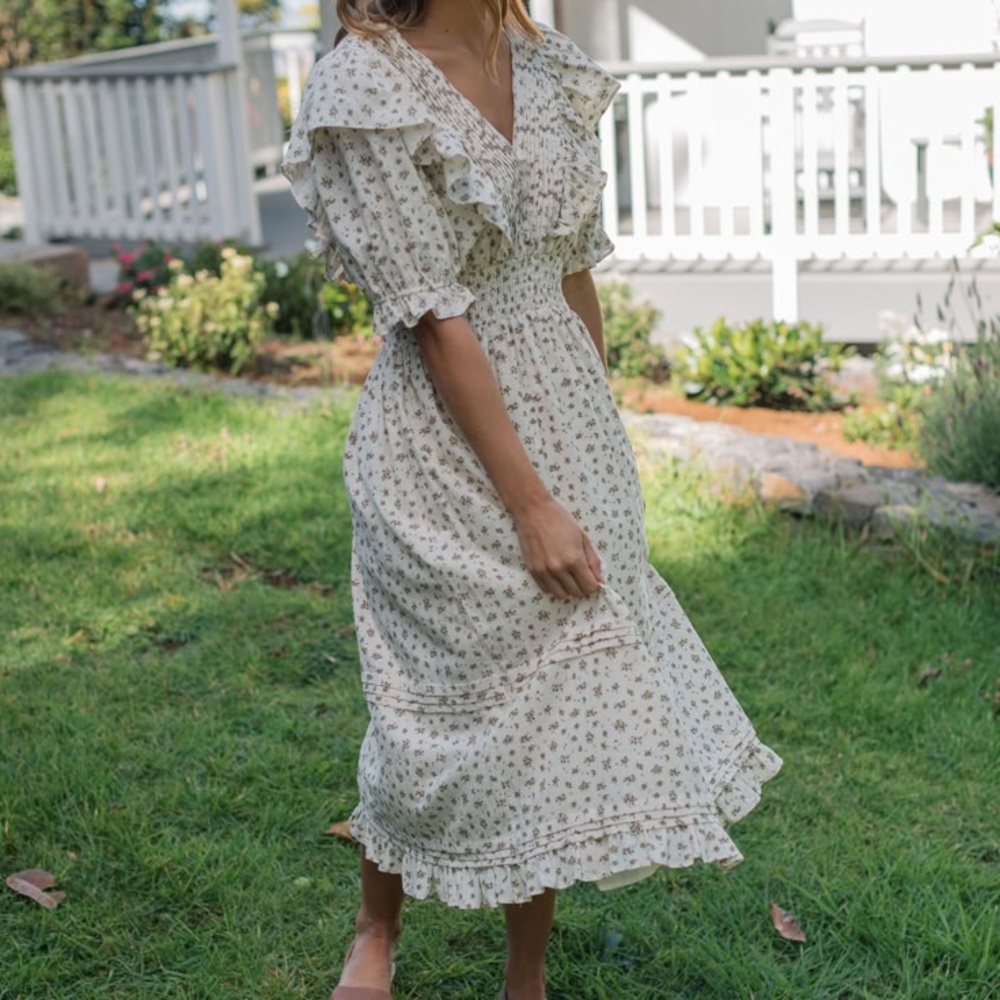 LoveShackFancy Cream Floral Maxi Dress